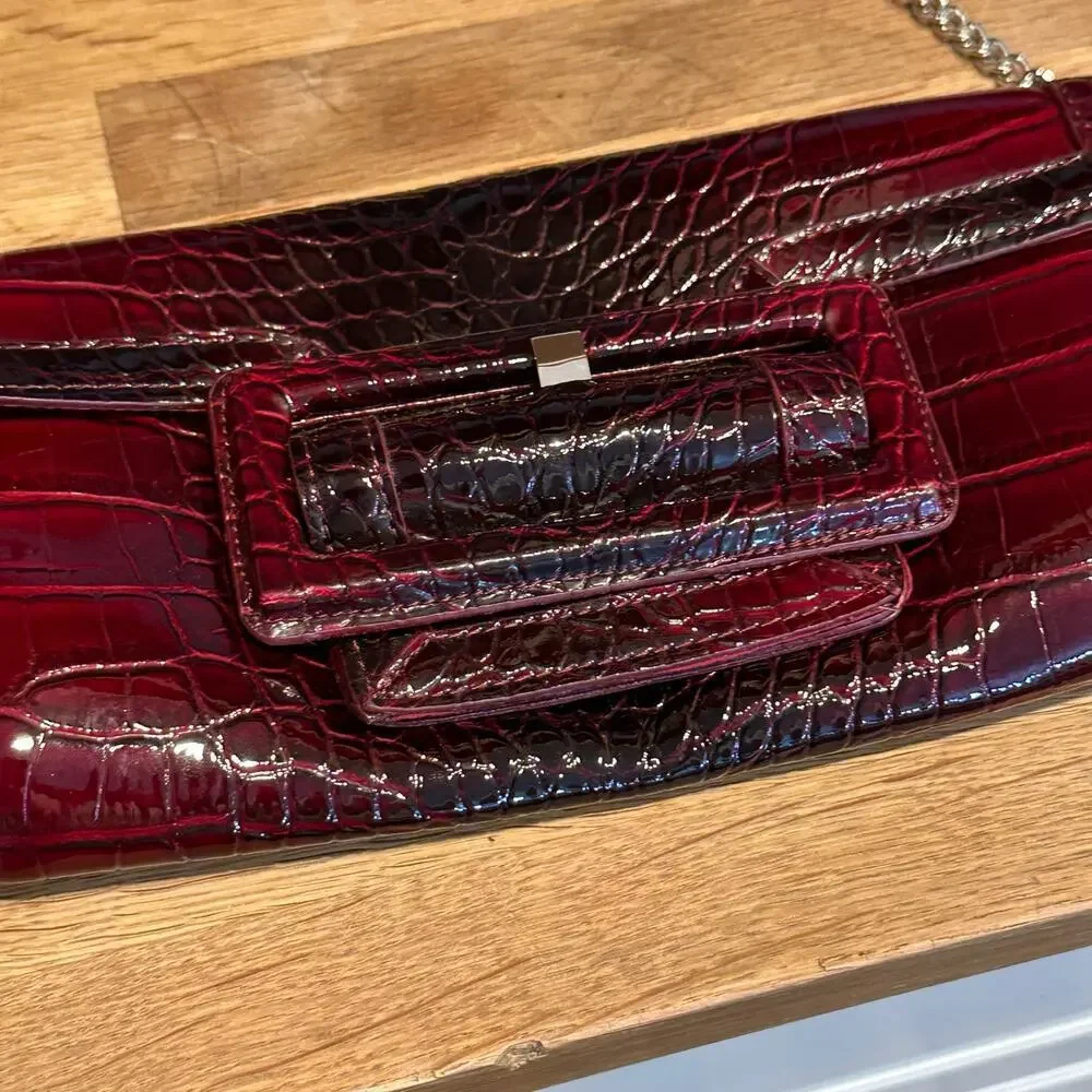 White House Black Market Burgundy Crocodile Print Clutch Shoulder Bag Purse